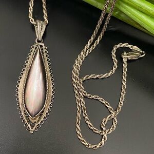Antique Sterling Silver Teardrop Mother of Pearl Filigree Pendant 24” Necklace